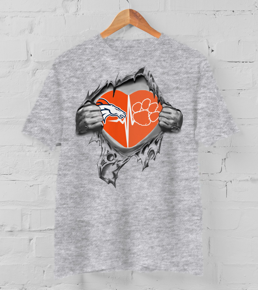 Broncos Clemson Tigers Heart Design Dual Logo With Rip Effect T-Shirt