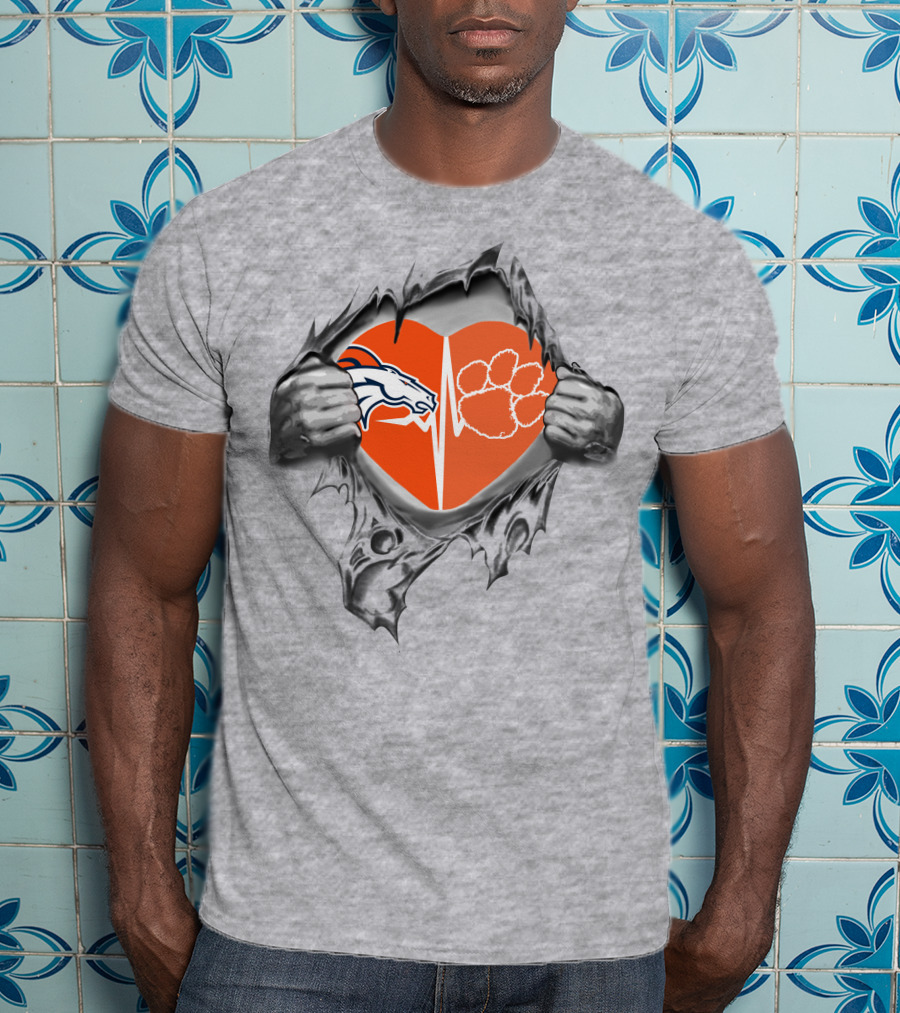 Broncos Clemson Tigers Heart Design Dual Logo With Rip Effect T-Shirt