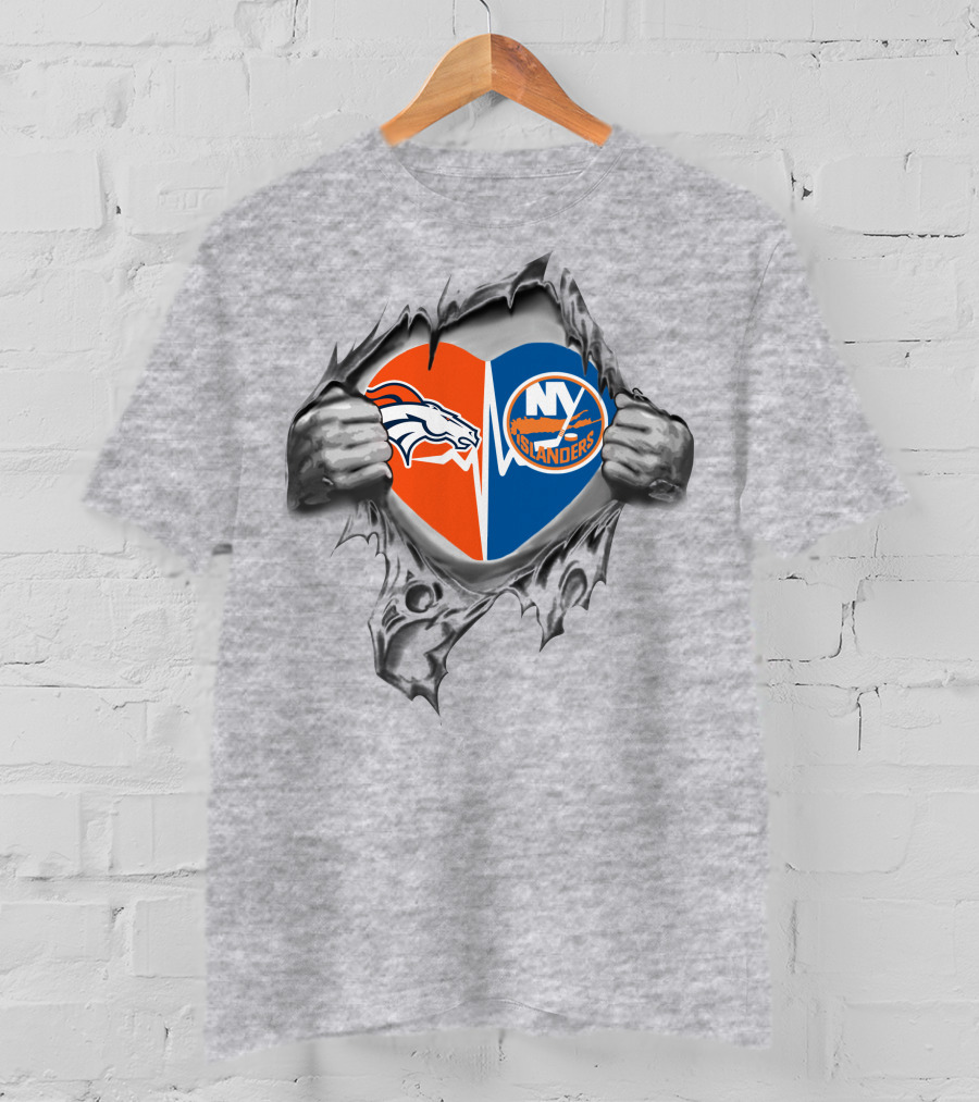Broncos Islanders Heart Ripped Open Passion Nfl Nhl Team Spirit T-Shirt