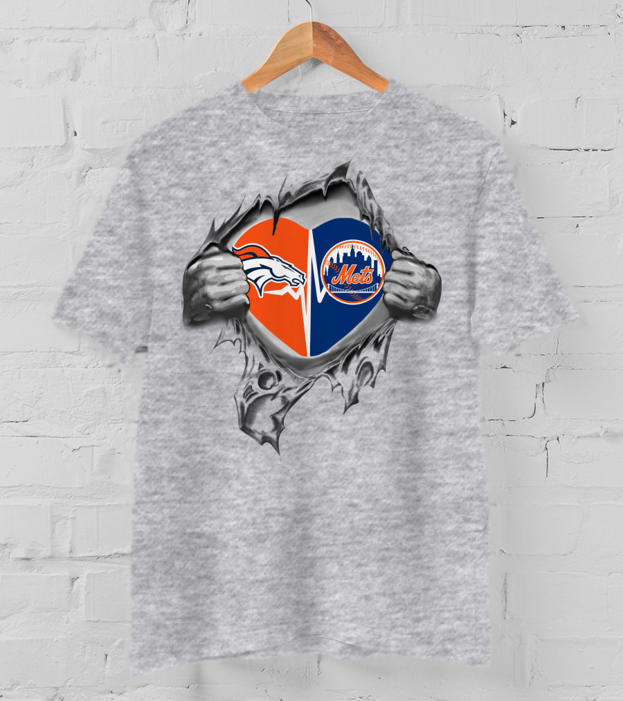 Broncos Mets Heart Split Logo Combination T-Shirt