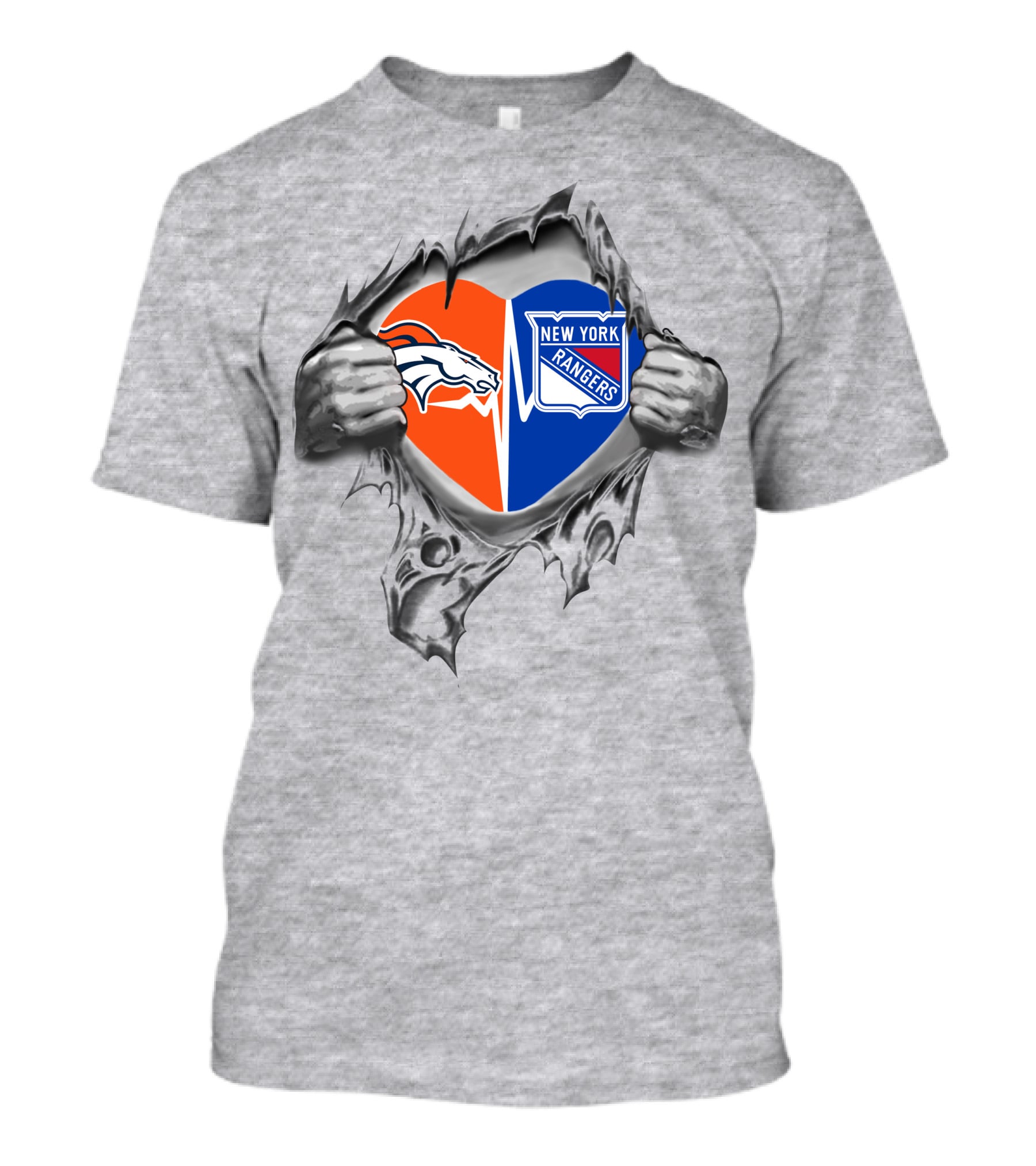 Broncos New York Rangers Heart Torn Dual Loyalty Fan Passion T-Shirt