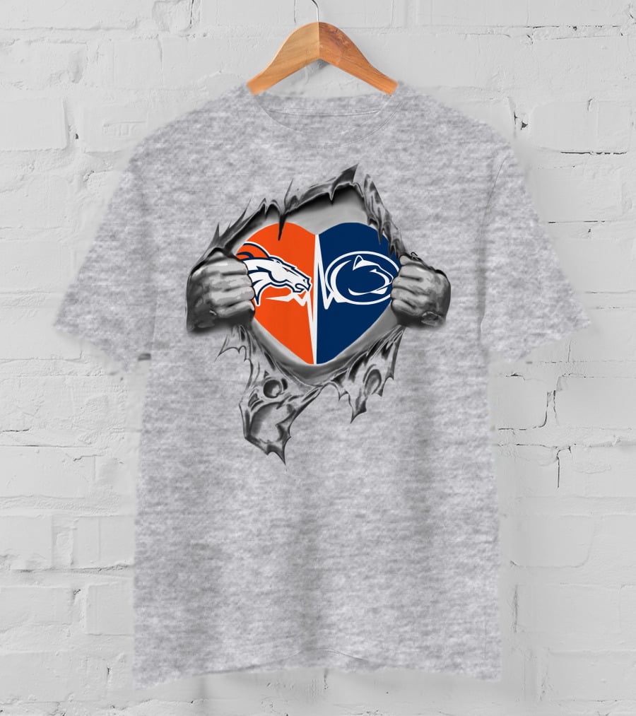 Broncos Penn State Heart Logos Tearing Hands Silver T-Shirt