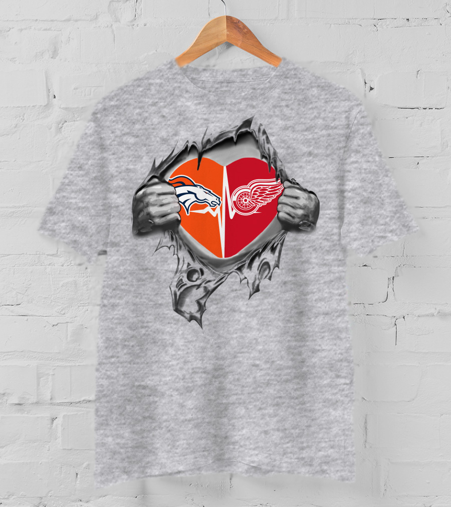 Broncos Red Wings Heart Iconic Fan Love Combining Logos T-Shirt