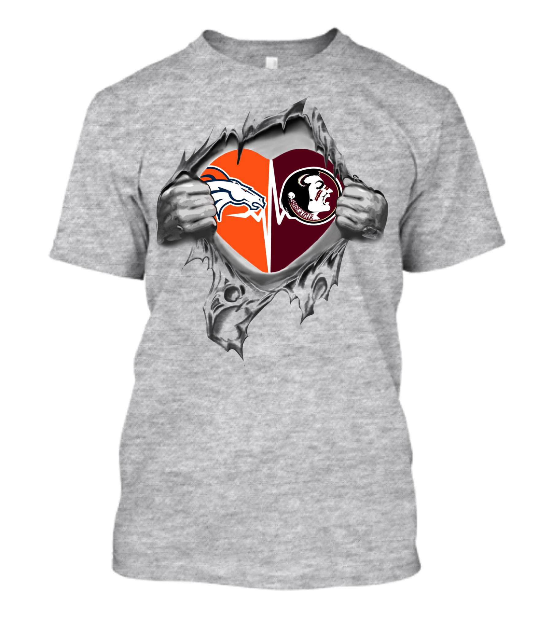 Broncos Seminoles Heart With Horse And Spear Logos Ripped Hands T-Shirt