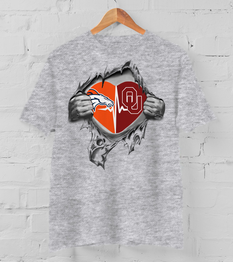 Broncos Sooners Heartbeat Logo Inside Ripped Chest T-Shirt