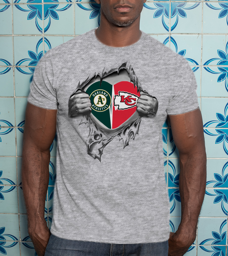 Oakland Athletics Kansas City Chiefs Heart Tearing Fan Pride T-Shirt