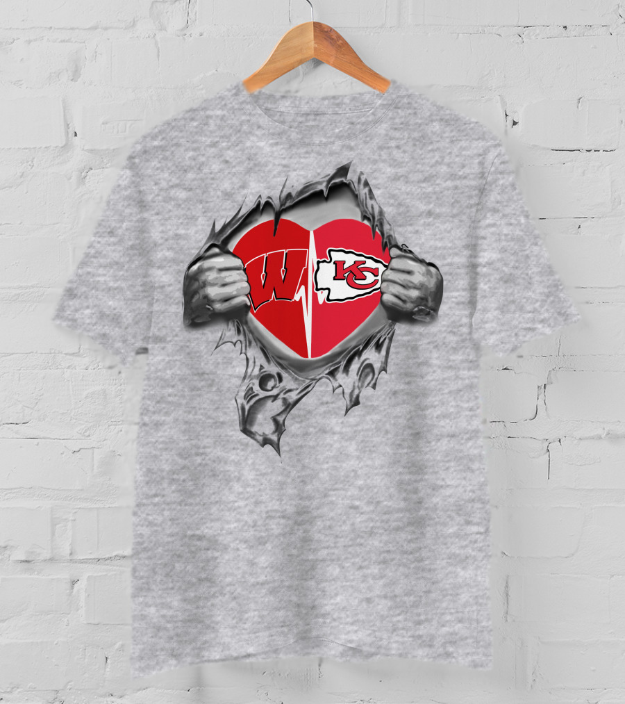 Chiefs Badgers Heart Torn Revealing Wisconsin Kansas City T-Shirt