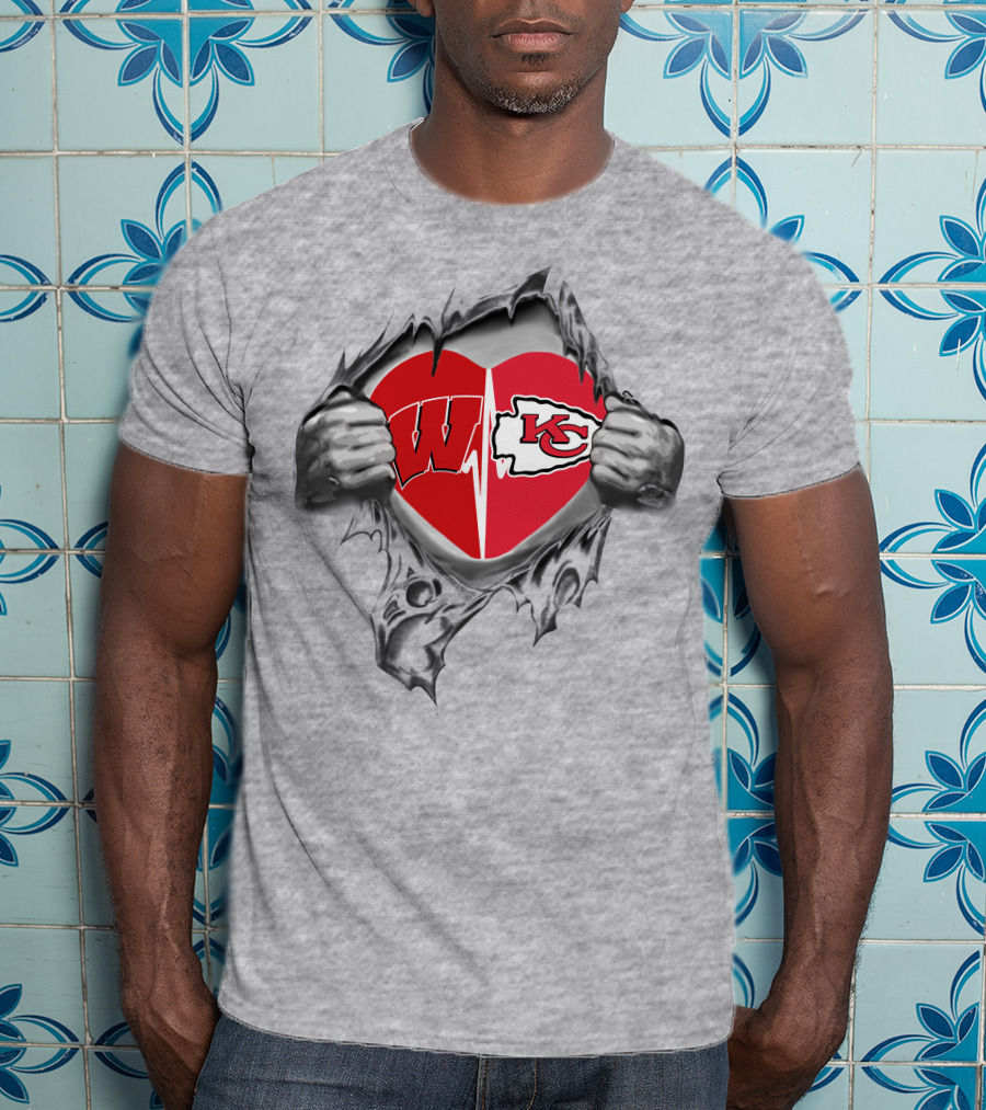 Chiefs Badgers Heart Torn Revealing Wisconsin Kansas City T-Shirt