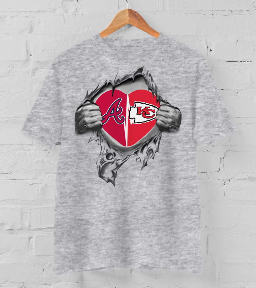 Chiefs Braves Heart Logos Torn Fabric T-Shirt