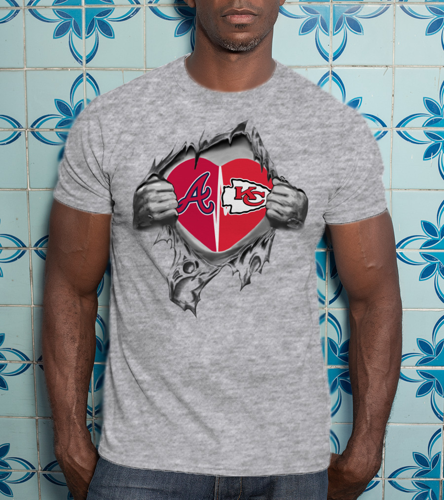 Chiefs Braves Heart Logos Torn Fabric T-Shirt