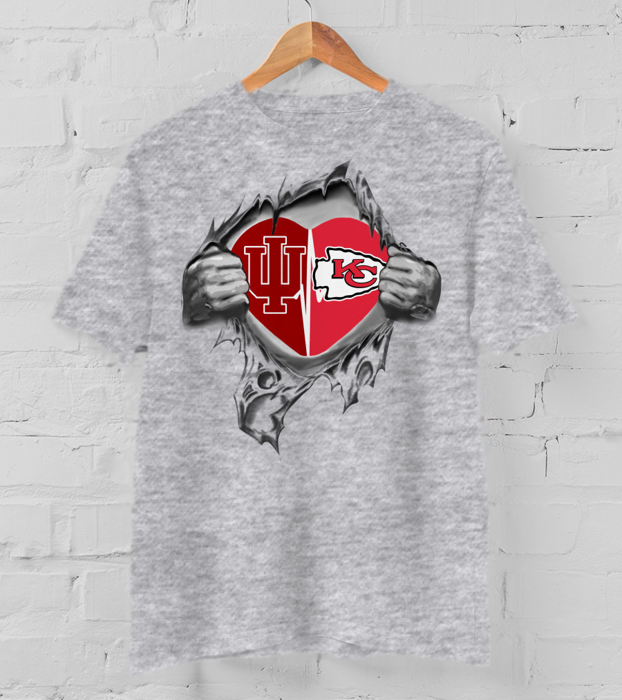 Indiana University Hoosiers And Kansas City Chiefs Heart Logo With Indiana And Kc T-Shirt