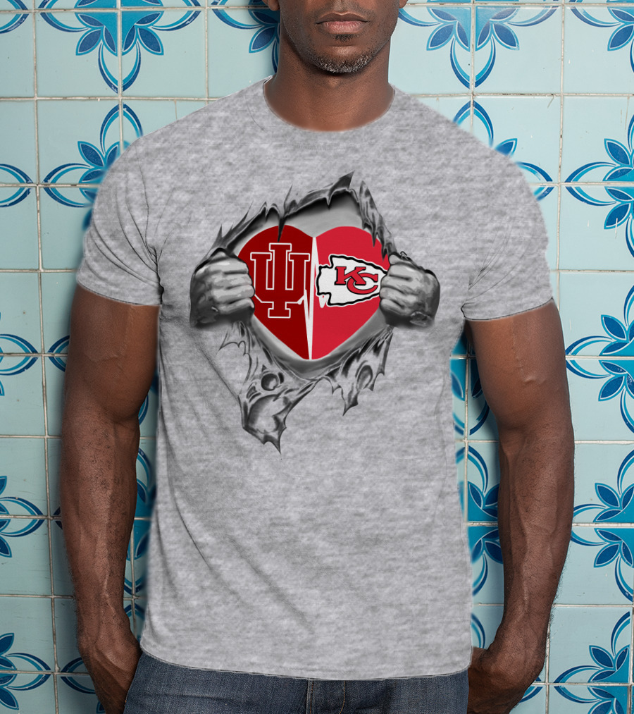 Indiana University Hoosiers And Kansas City Chiefs Heart Logo With Indiana And Kc T-Shirt