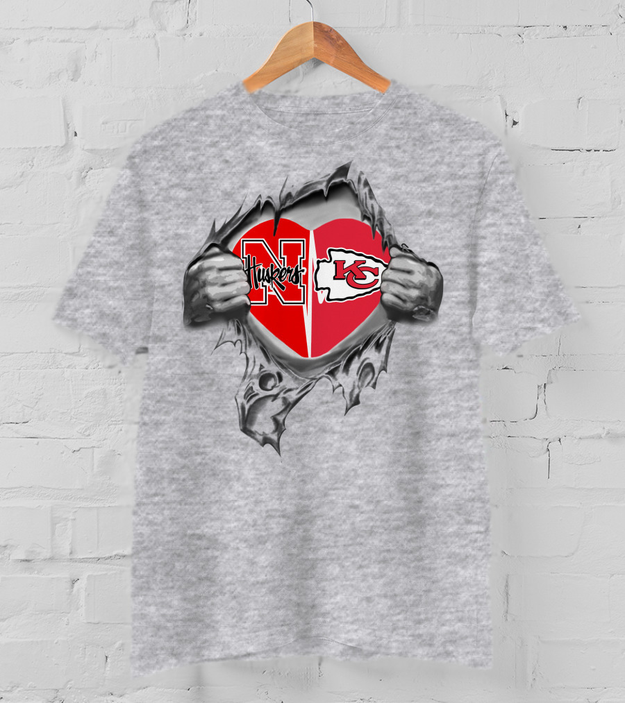 Chiefs Huskers Heart Torn Open Design Football Loyalty T-Shirt