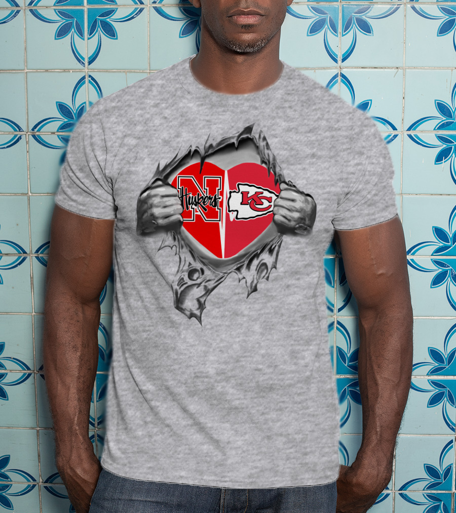Chiefs Huskers Heart Torn Open Design Football Loyalty T-Shirt