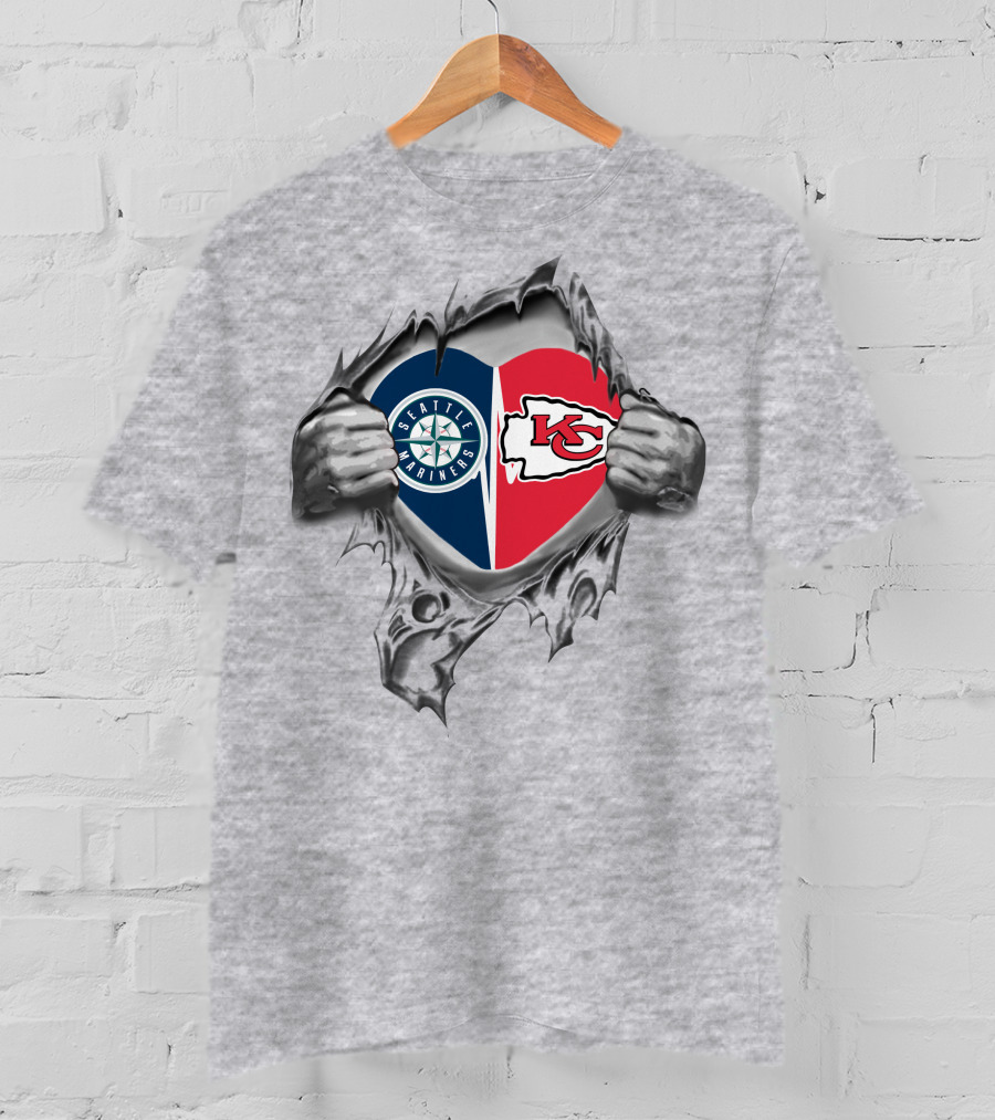 Seattle Mariners Kansas City Chiefs Heart Logos T-Shirt