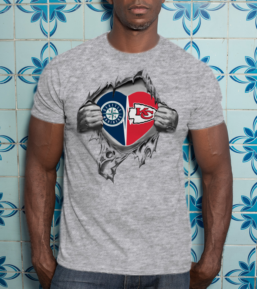 Seattle Mariners Kansas City Chiefs Heart Logos T-Shirt