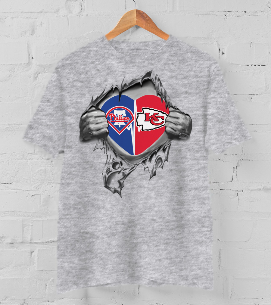 Phillies Chiefs Split Heart Torn Open Hands T-Shirt