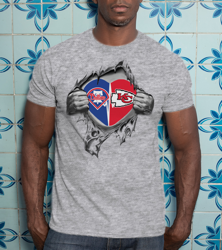 Phillies Chiefs Split Heart Torn Open Hands T-Shirt