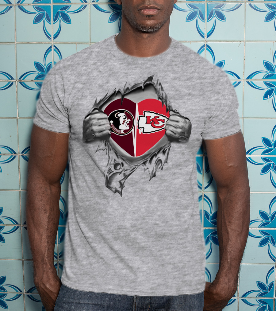 Chiefs Seminoles Heart Symbol With Foam Fingers And Logos In Torn Fabric T-Shirt