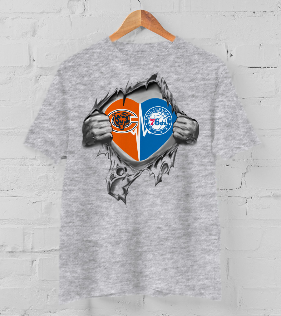Chicago Bears And Philadelphia 76ers Heart With Tearing Hands T-Shirt