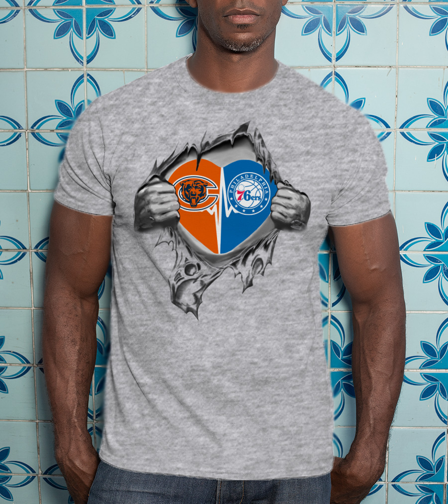 Chicago Bears And Philadelphia 76ers Heart With Tearing Hands T-Shirt