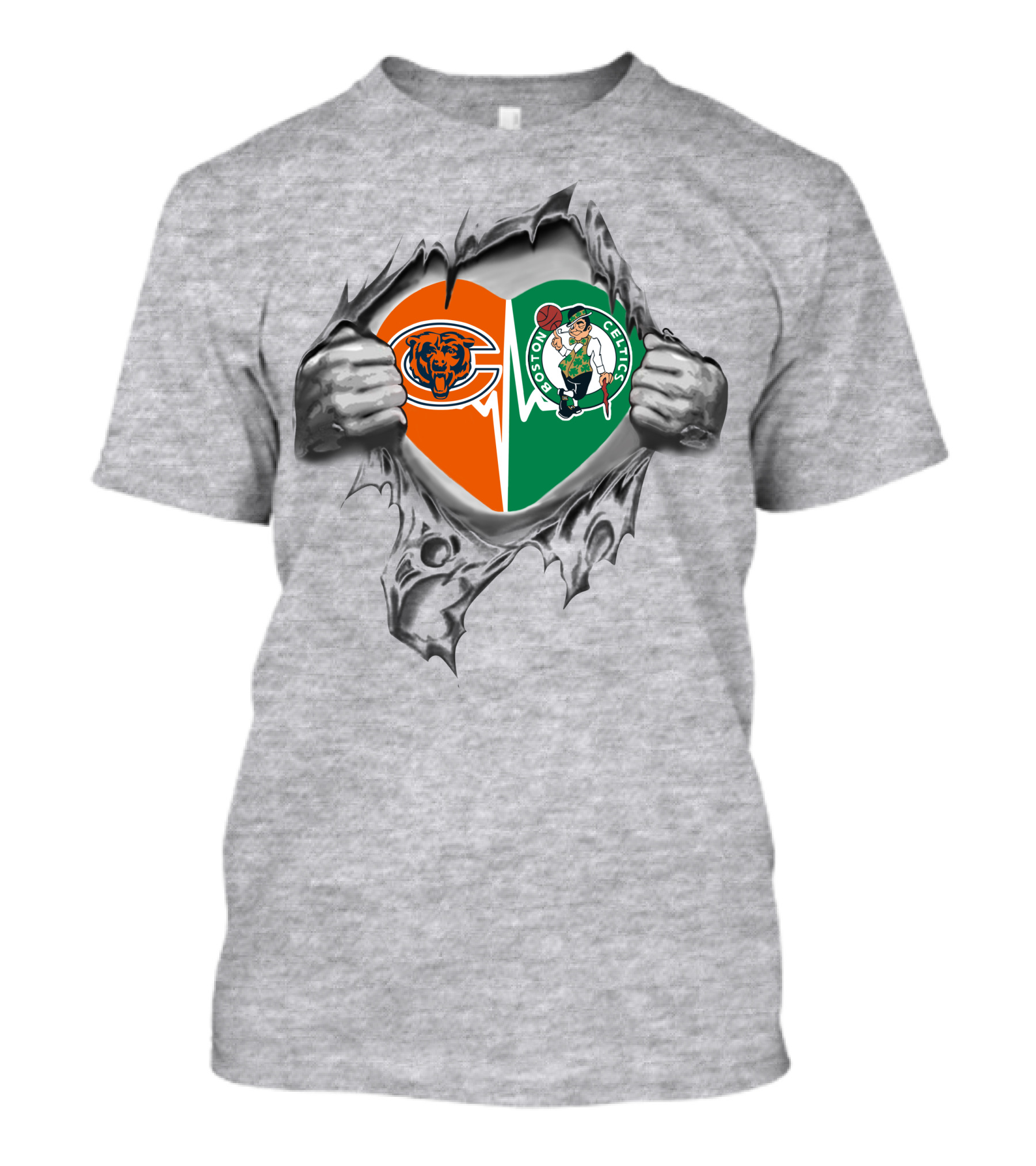 Chicago Bears Boston Celtics Heart Tear Emblems T-Shirt