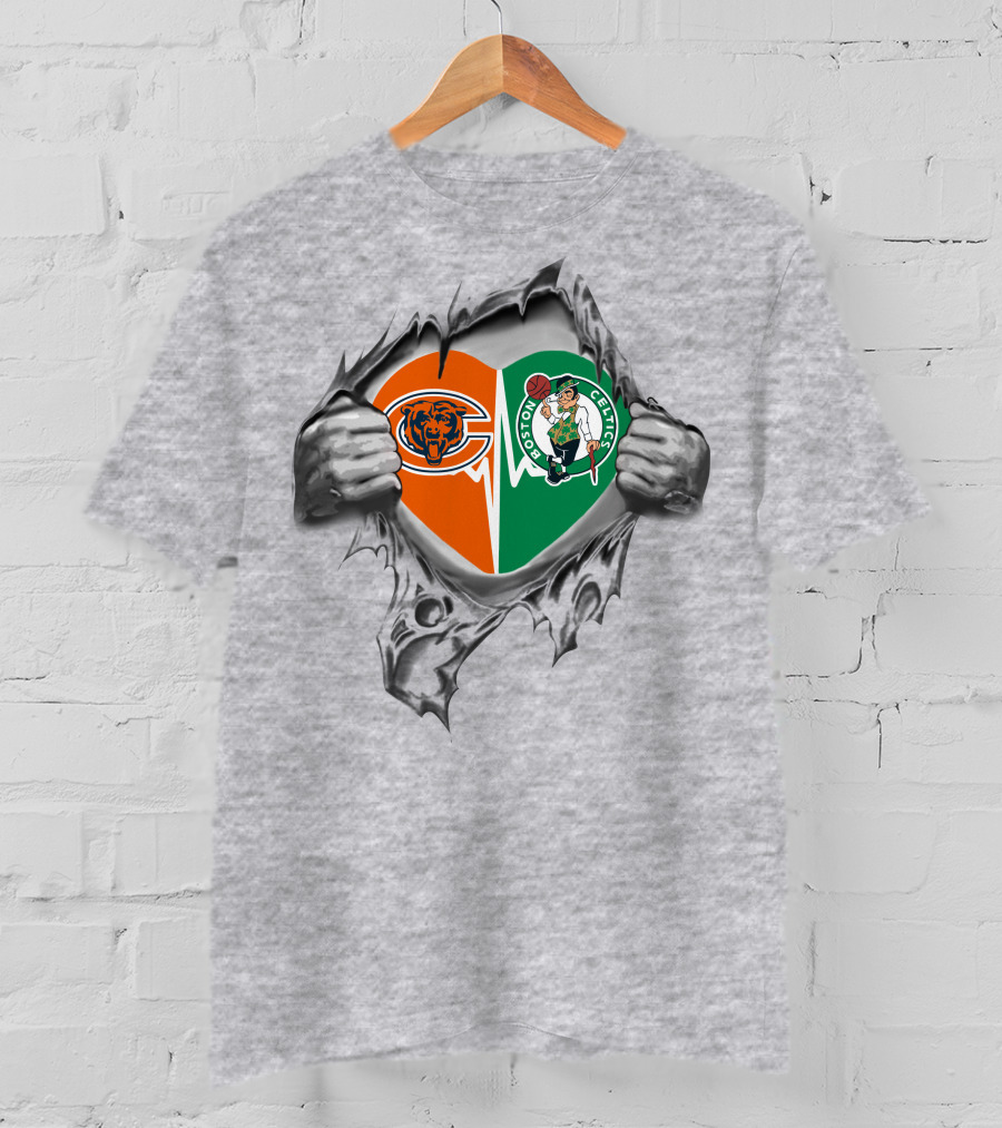 Chicago Bears Boston Celtics Heart Tear Emblems T-Shirt