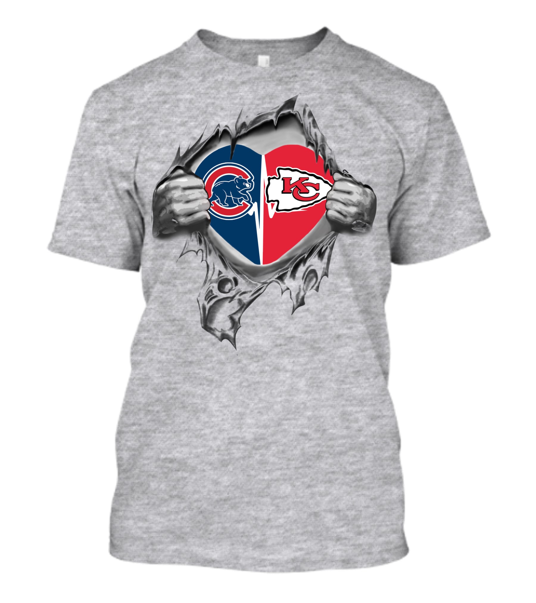 Cubs Chiefs Heart With Bear And Arrowhead Logos Peeking Through Torn Fabric T-Shirt