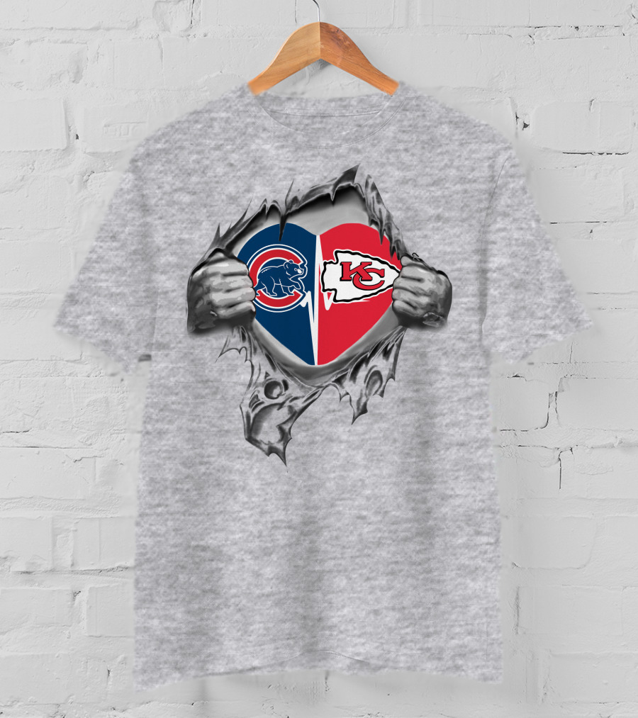Cubs Chiefs Heart With Bear And Arrowhead Logos Peeking Through Torn Fabric T-Shirt