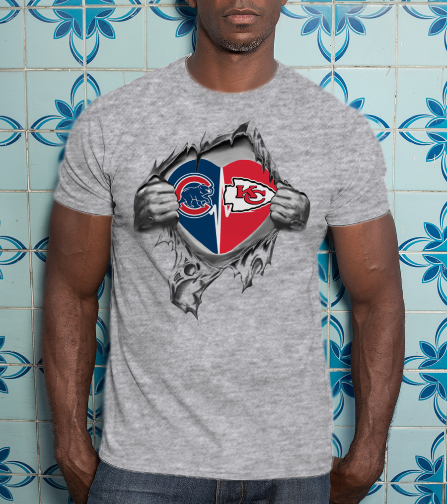 Cubs Chiefs Heart With Bear And Arrowhead Logos Peeking Through Torn Fabric T-Shirt