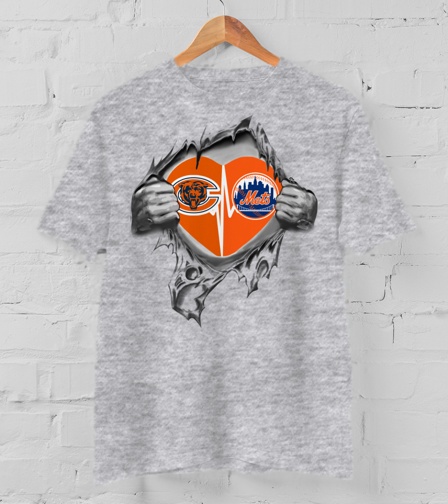 Bears Mets Heart With Logos Torn Background T-Shirt