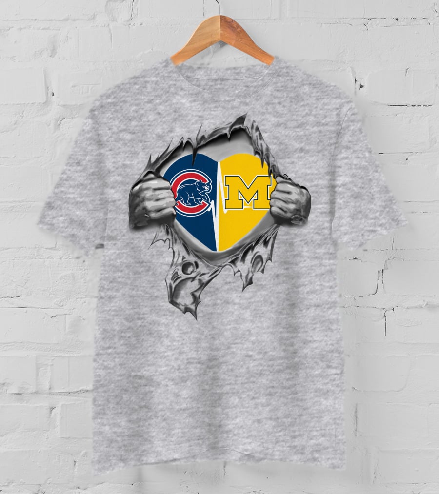Cubs Michigan Heart Emblem With Hands Tearing T-Shirt