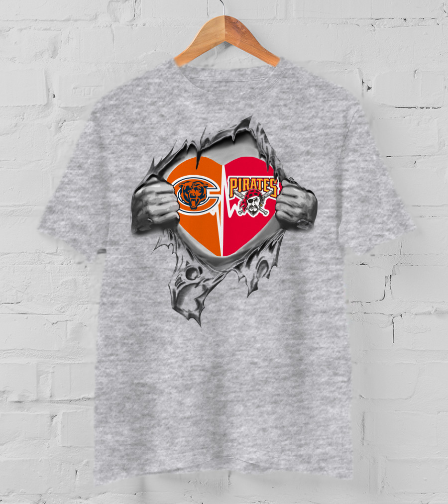 Bears Pirates Heart With Logos Chicago Bears Pittsburgh Pirates Combination T-Shirt