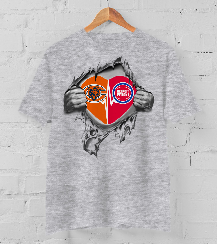 Chicago Bears Detroit Pistons Heart Torn Steel T-Shirt