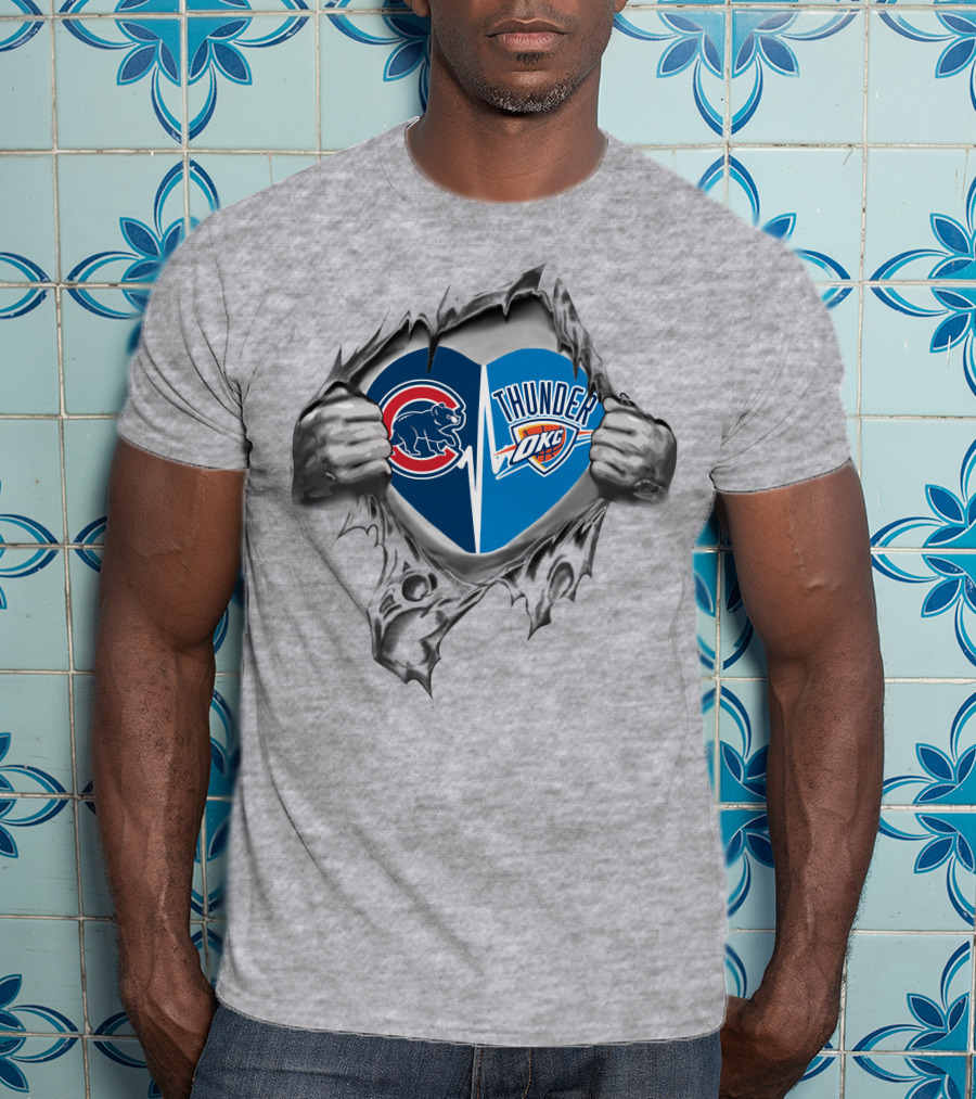 Cubs Thunder Heart Split - Chicago Cubs OKC Thunder Fan Passion T-Shirt