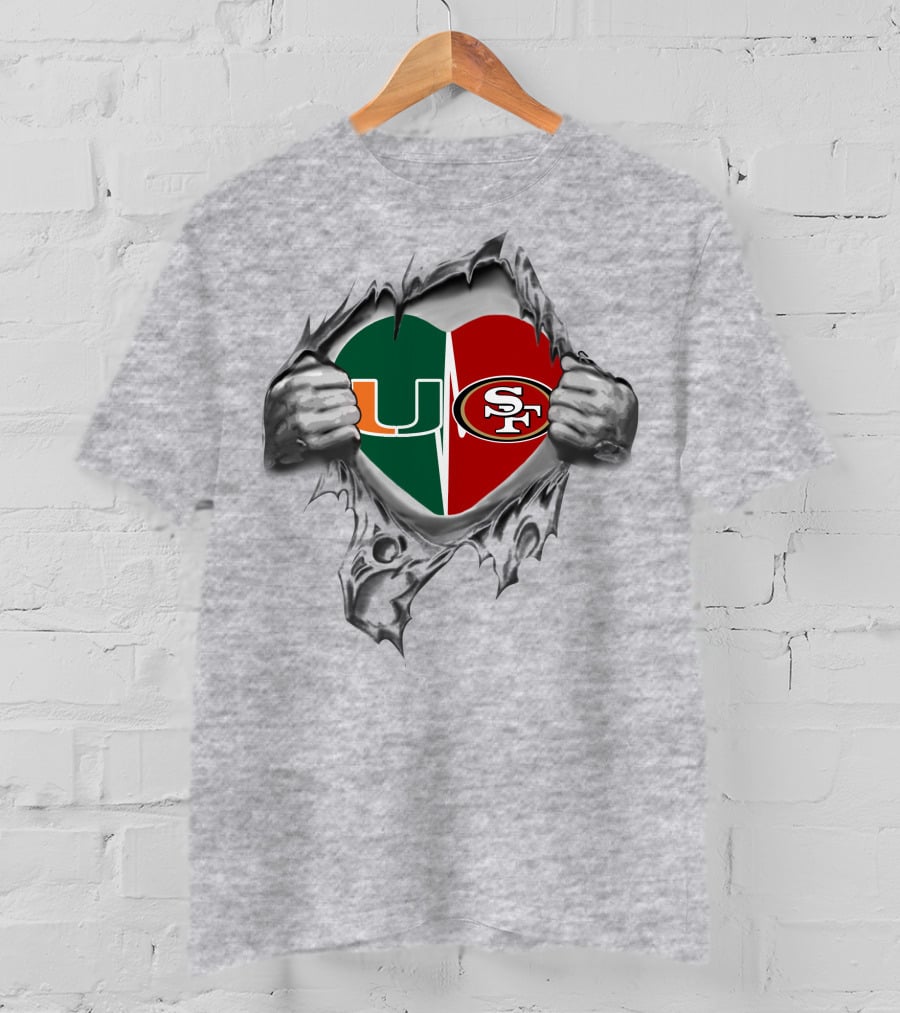 University Of Miami Hurricanes And San Francisco 49ers Split Heart T-Shirt