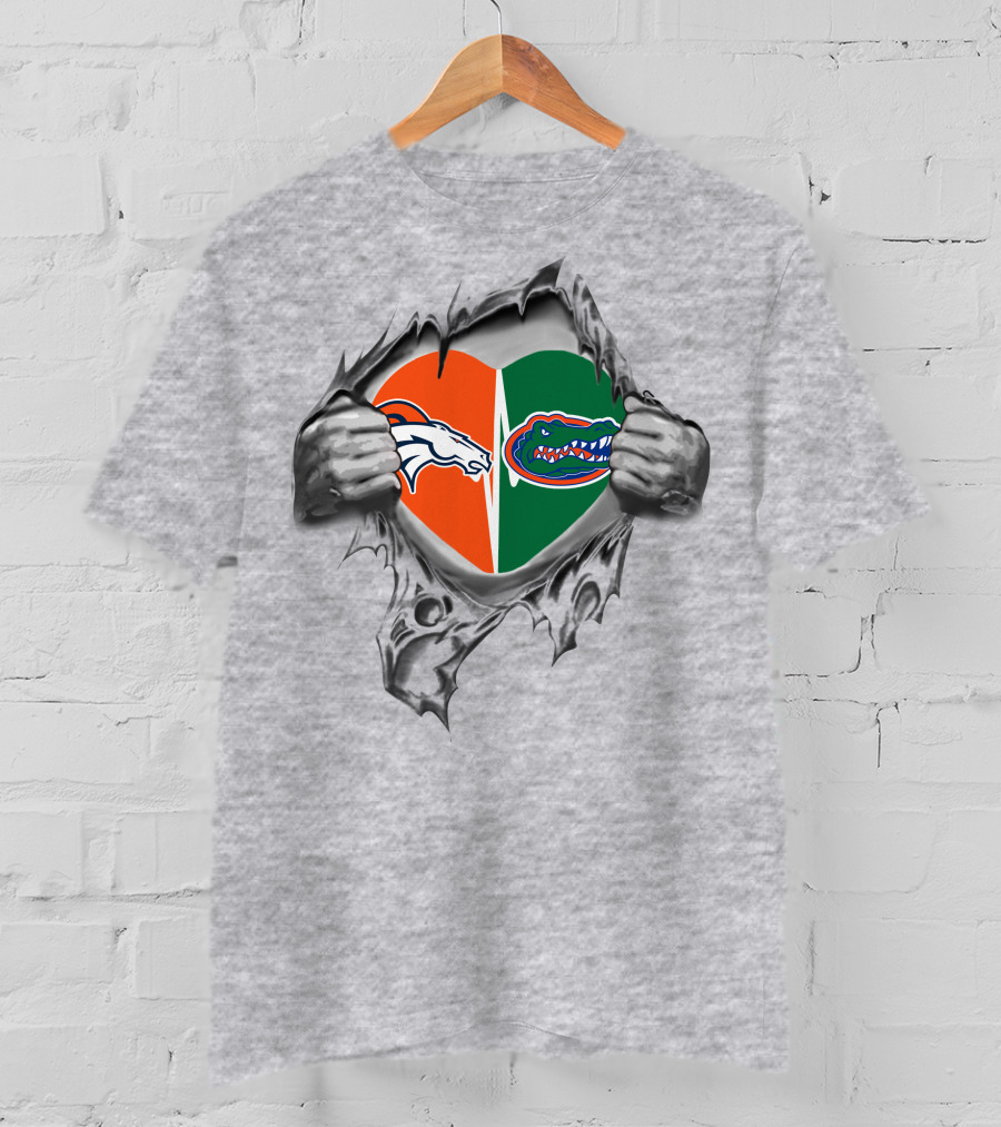 Broncos Gators Heart With Tearing Hands T-Shirt
