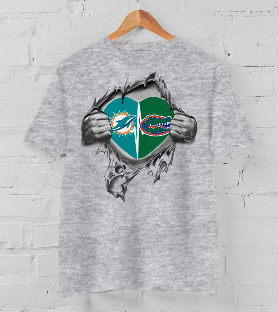 Miami Dolphins And Florida Gators Heart Logo Fan T-Shirt