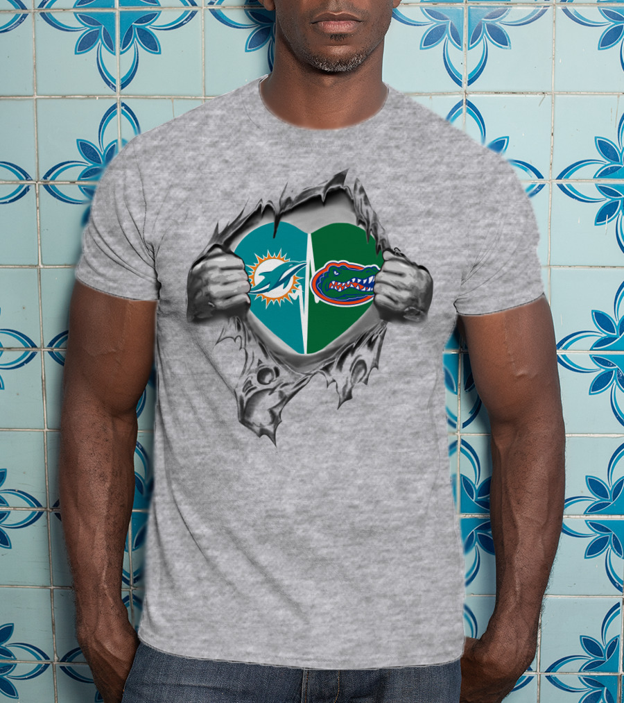 Miami Dolphins And Florida Gators Heart Logo Fan T-Shirt