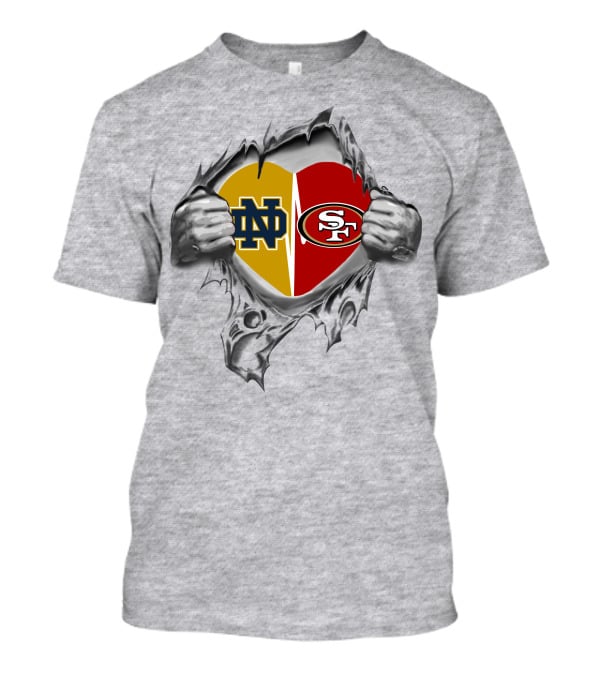 Notre Dame And San Francisco 49ers Heart Symbol Pulled By Hands T-Shirt