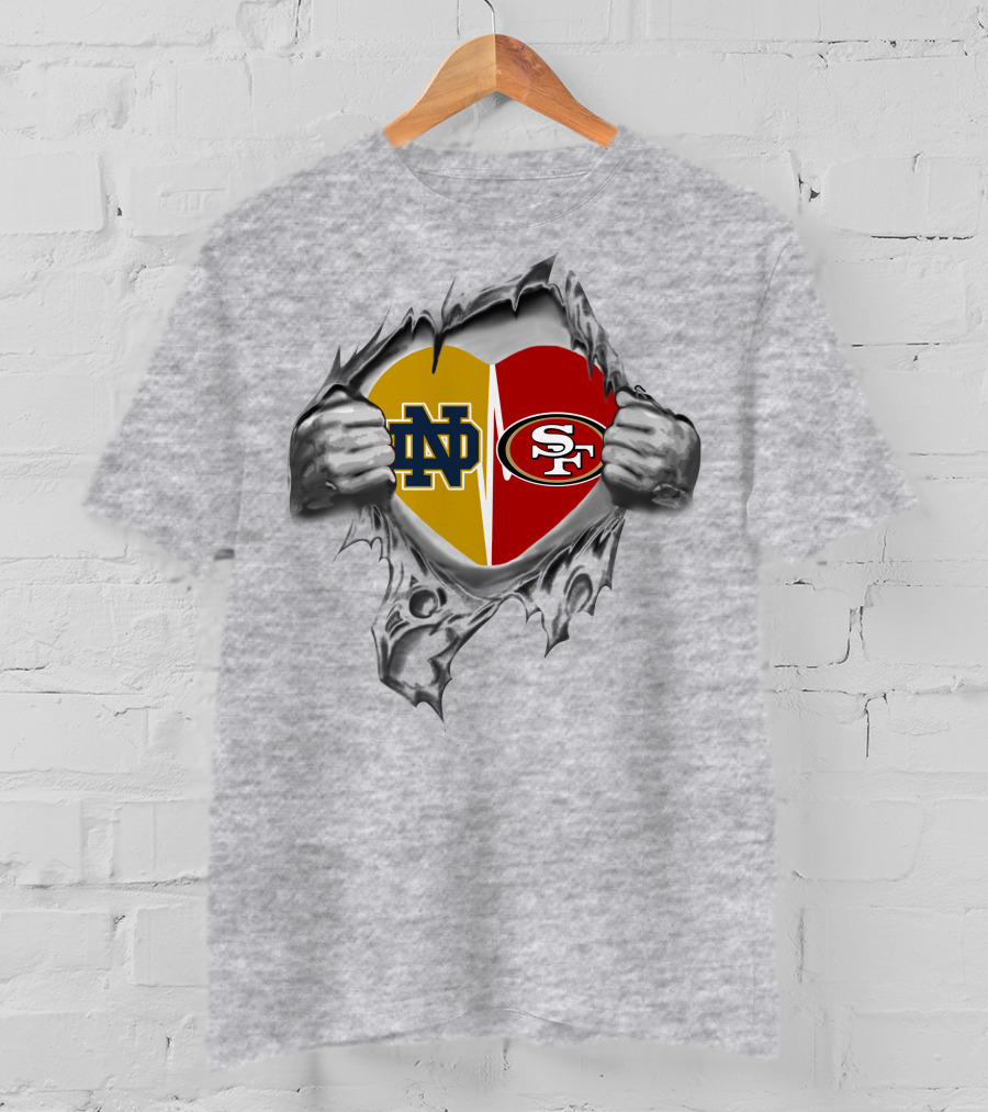 Notre Dame And San Francisco 49ers Heart Symbol Pulled By Hands T-Shirt
