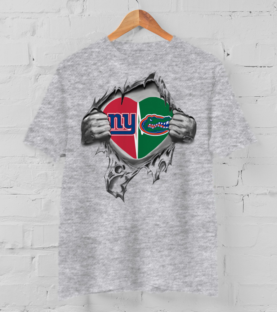 NY Giants And Florida Gators Heart Torn Open T-Shirt