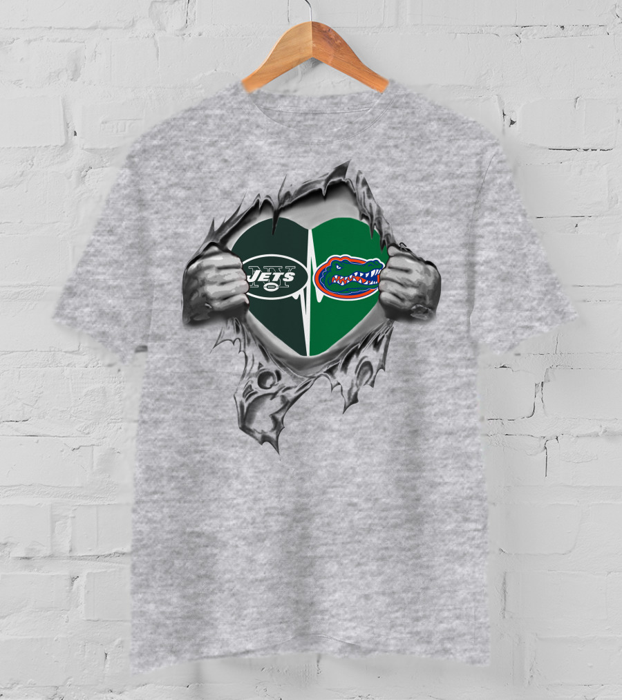 Jets Gators Heart Rip Logo NFL New York Florida Combo T-Shirt