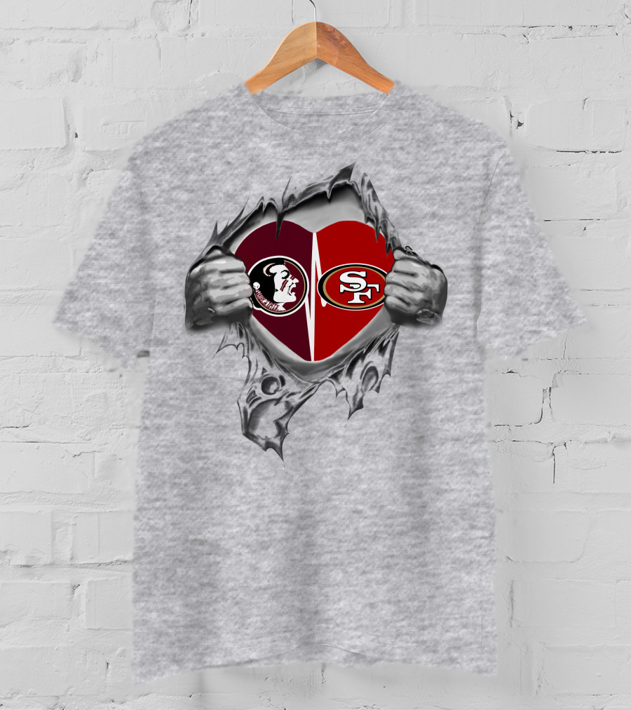 49ers Sf Seminoles Heart Logo Peeking Through Torn Fabric T-Shirt