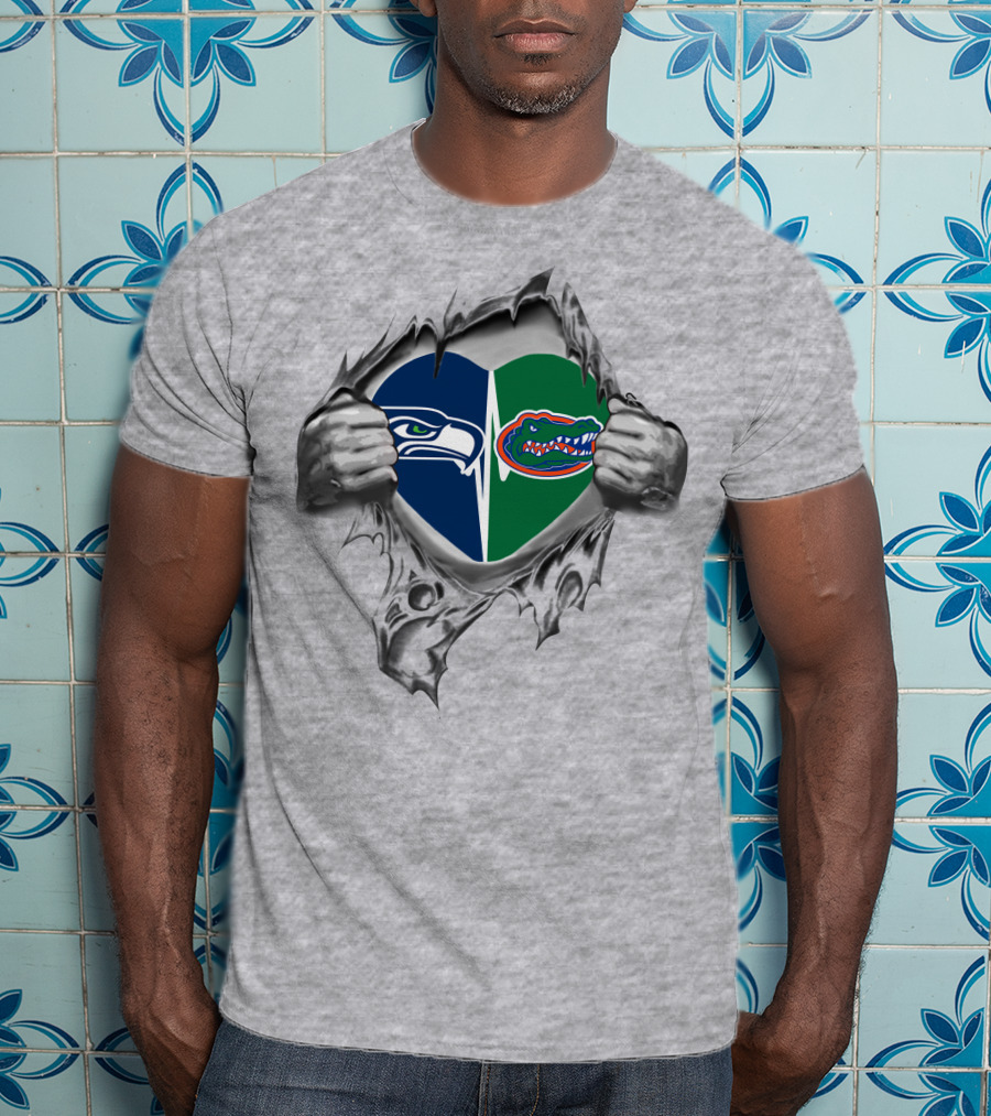 Seahawks Gators Heart Emblem With Torn Hands T-Shirt