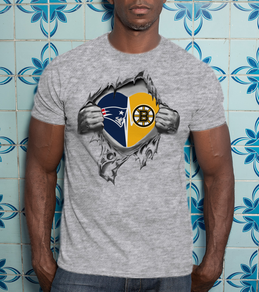 New England Patriots Boston Bruins Heart Logo Fusion T-Shirt