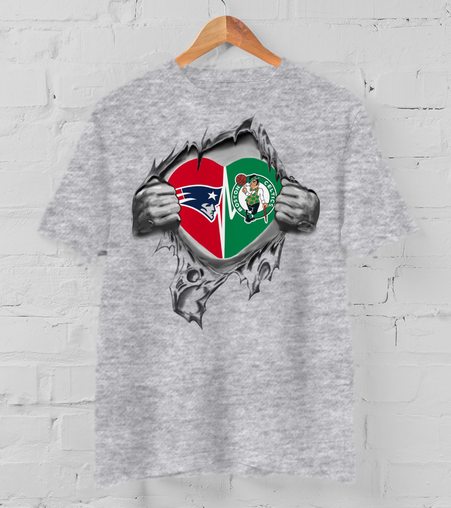 Patriots And Celtics Heart Symbol Pulled Open By Hands T-Shirt