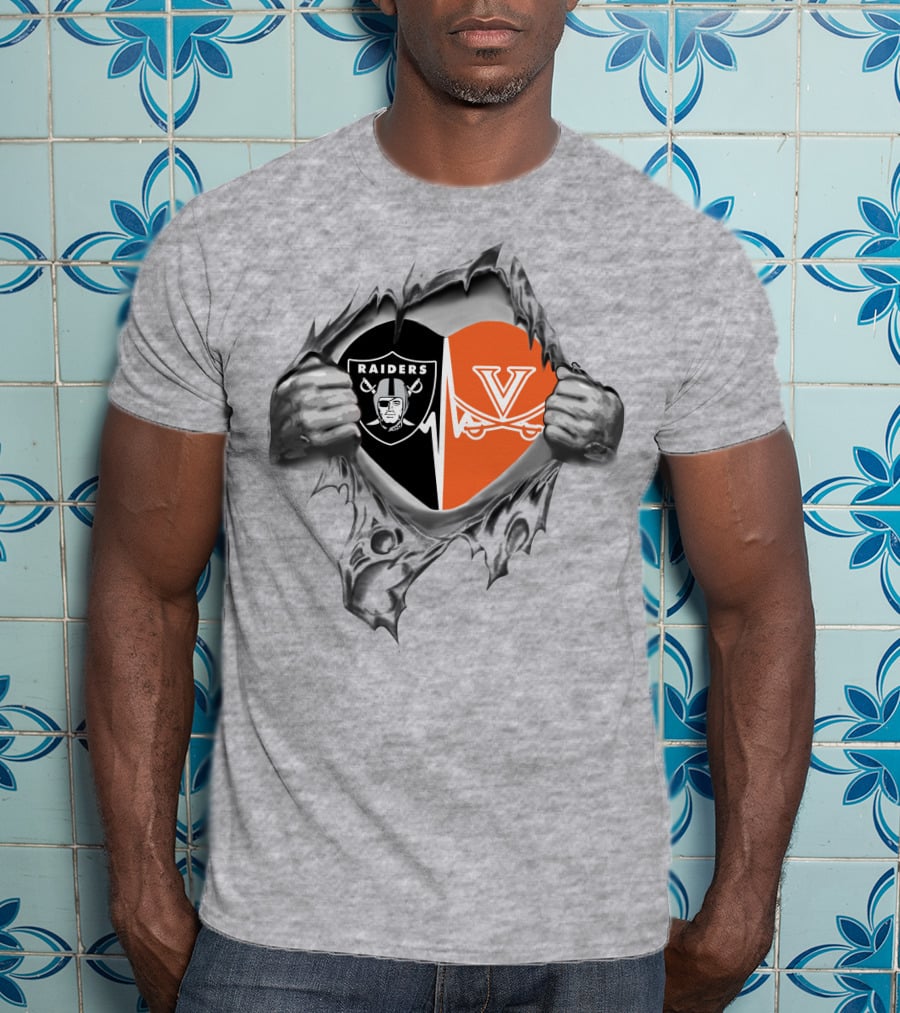 Raiders Cavaliers Heartbeat Loyalty Fan Raiders Logo Virginia Cavaliers Heart T-Shirt