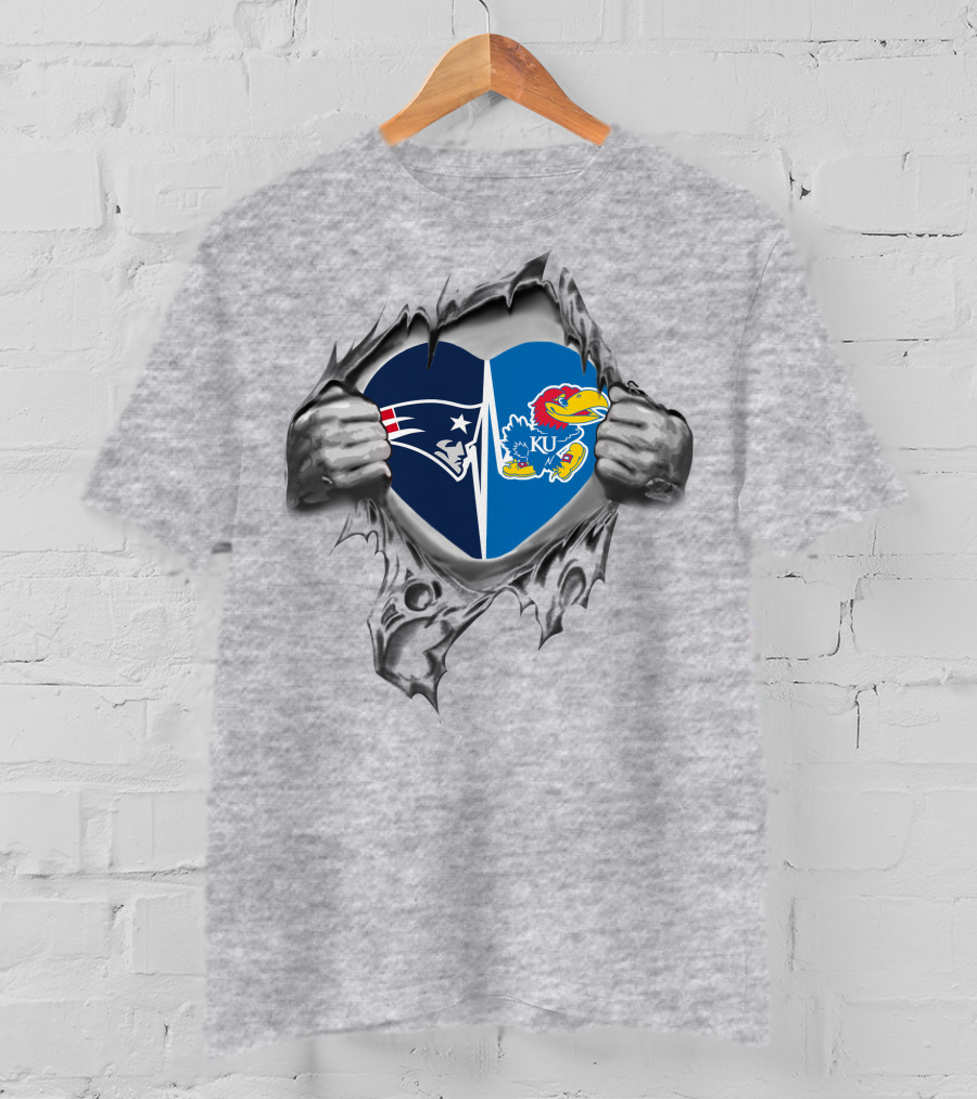 Patriots Kansas Jayhawks Heart Symbol Silver Torn Fabric T-Shirt