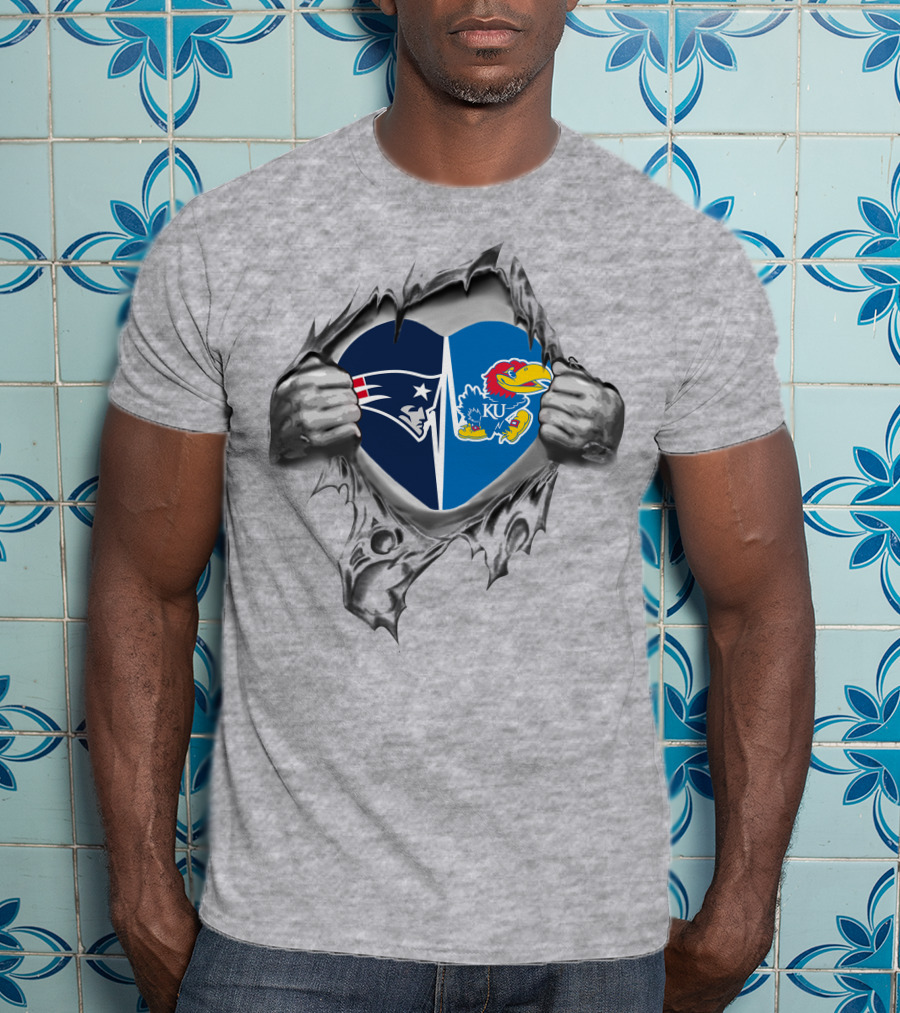 Patriots Kansas Jayhawks Heart Symbol Silver Torn Fabric T-Shirt